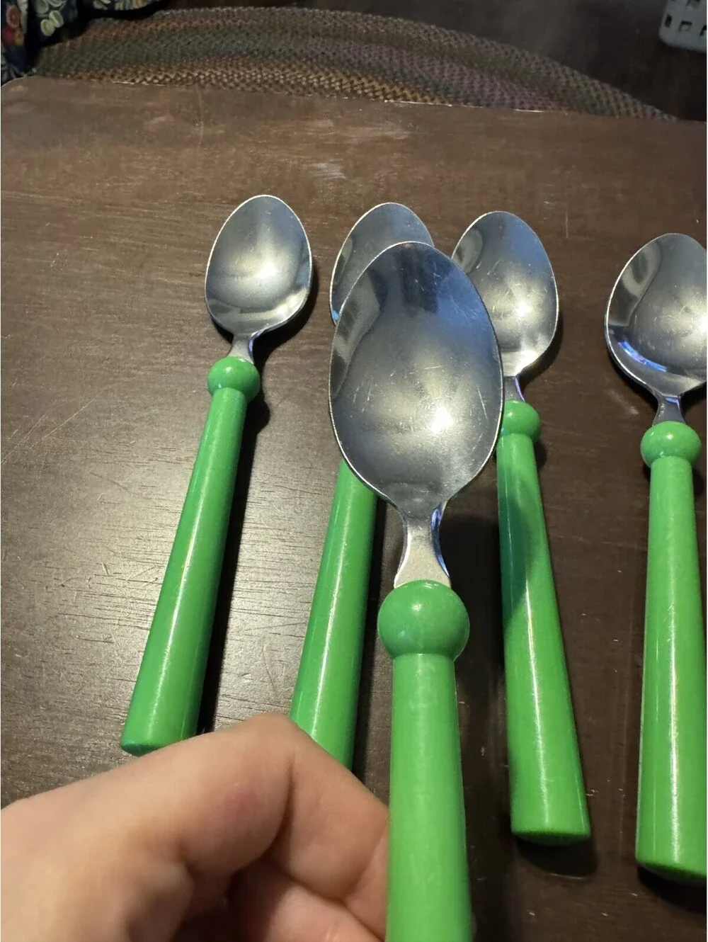 5 IKEA Vtg Green Handle Stainless Flatware Silverware Set Large Spoons